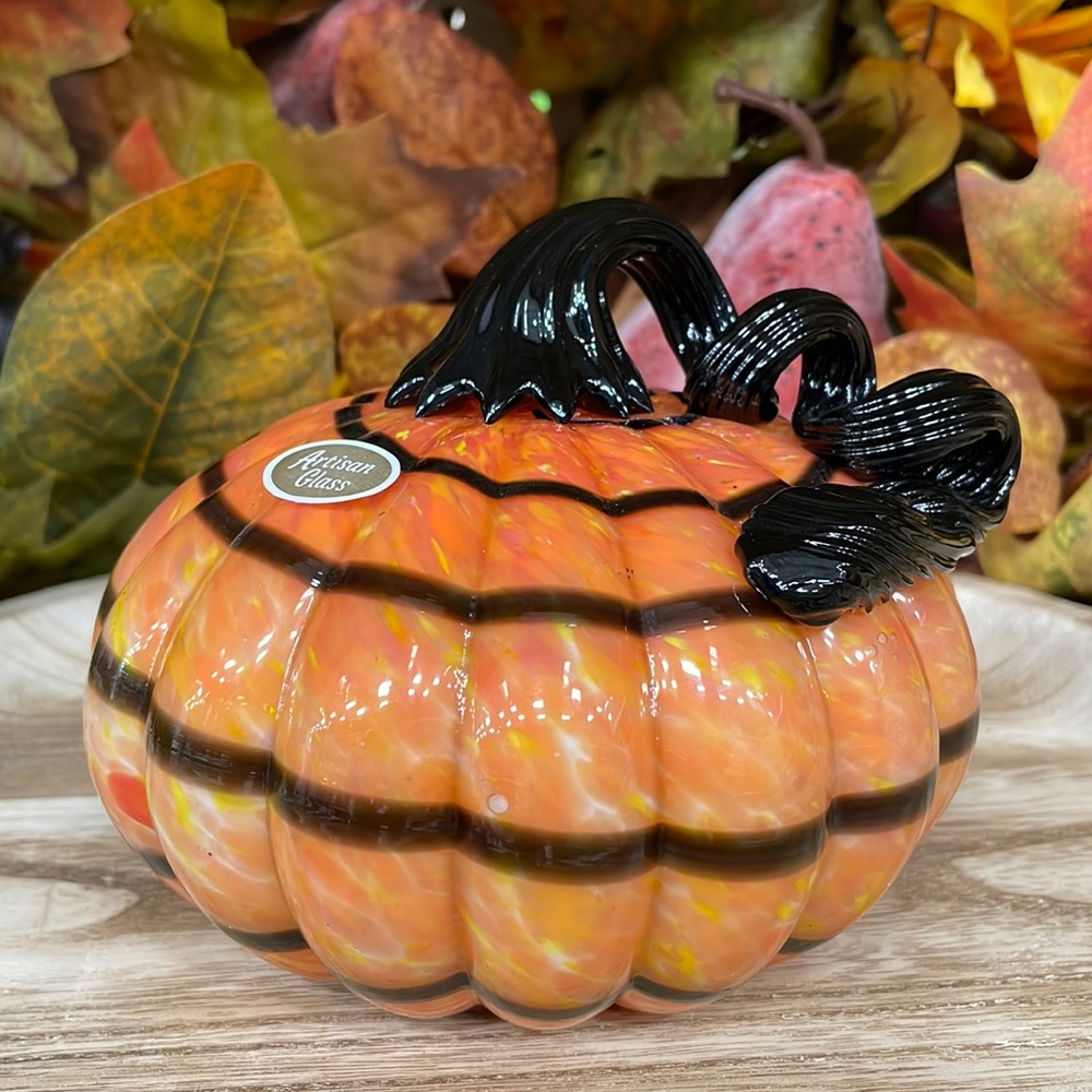 Orange+Black Swirl Artisan Hand Blown Glass Fall Harvest Pumpkin Decor